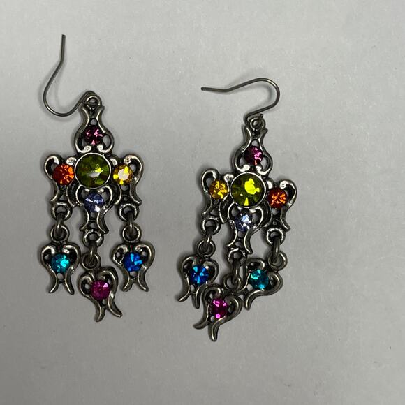 Chico's earrings chandelier dangle pierced silver tone burnished multi colored - Picture 5 of 9
